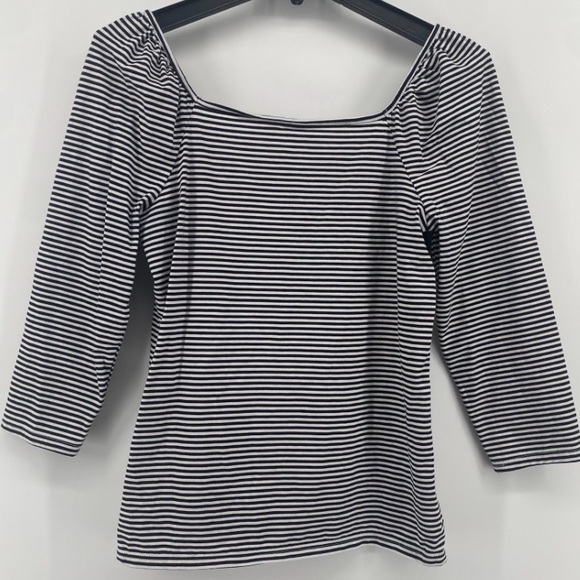 🌺 3/$25 🌺 Loft | Open Neck Black &’ White Striped 3/4 Length Sleeve Top | Sz M - Picture 4 of 6